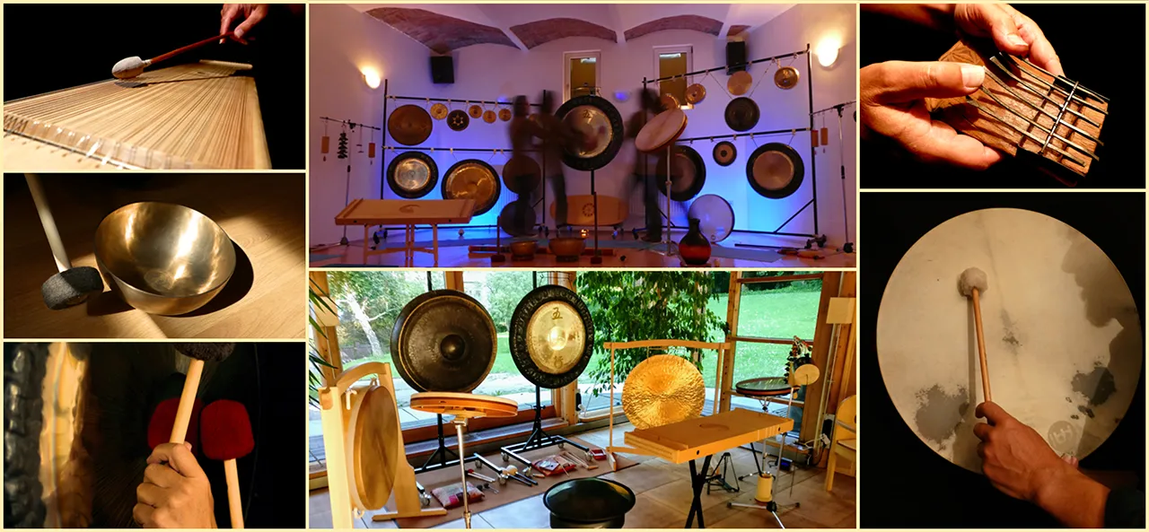 Eine fesselnde Klangreise mit Gongs, Trommeln und anderen Musikinstrumenten, kreativ präsentiert in einer eindrucksvollen Collage.