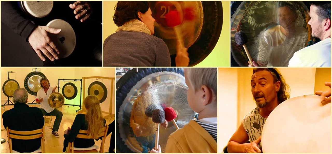 Eine Collage von Bildern eines Workshops, die Menschen beim Gongspielen zeigen.